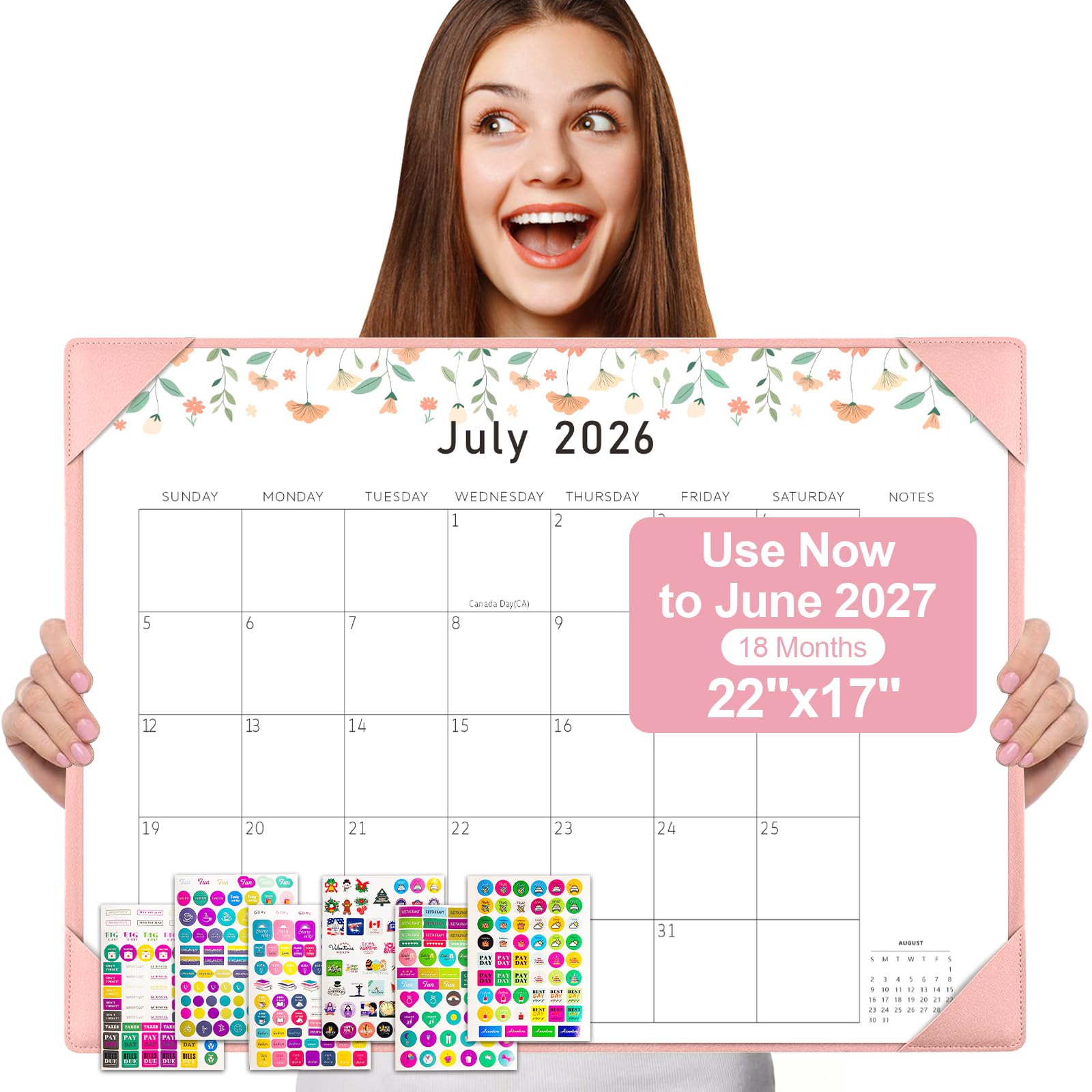 Gannyfer Großer Tischkalender 2024–2025 mit rosa Schreibtischunterlage – 18-Monat-Tischkalender, 55,9 x 43,2 cm, Schreibtisch-Pad-Kalender, Lehrerkalender zum Planen und Organisieren in Ihrer Familie,
