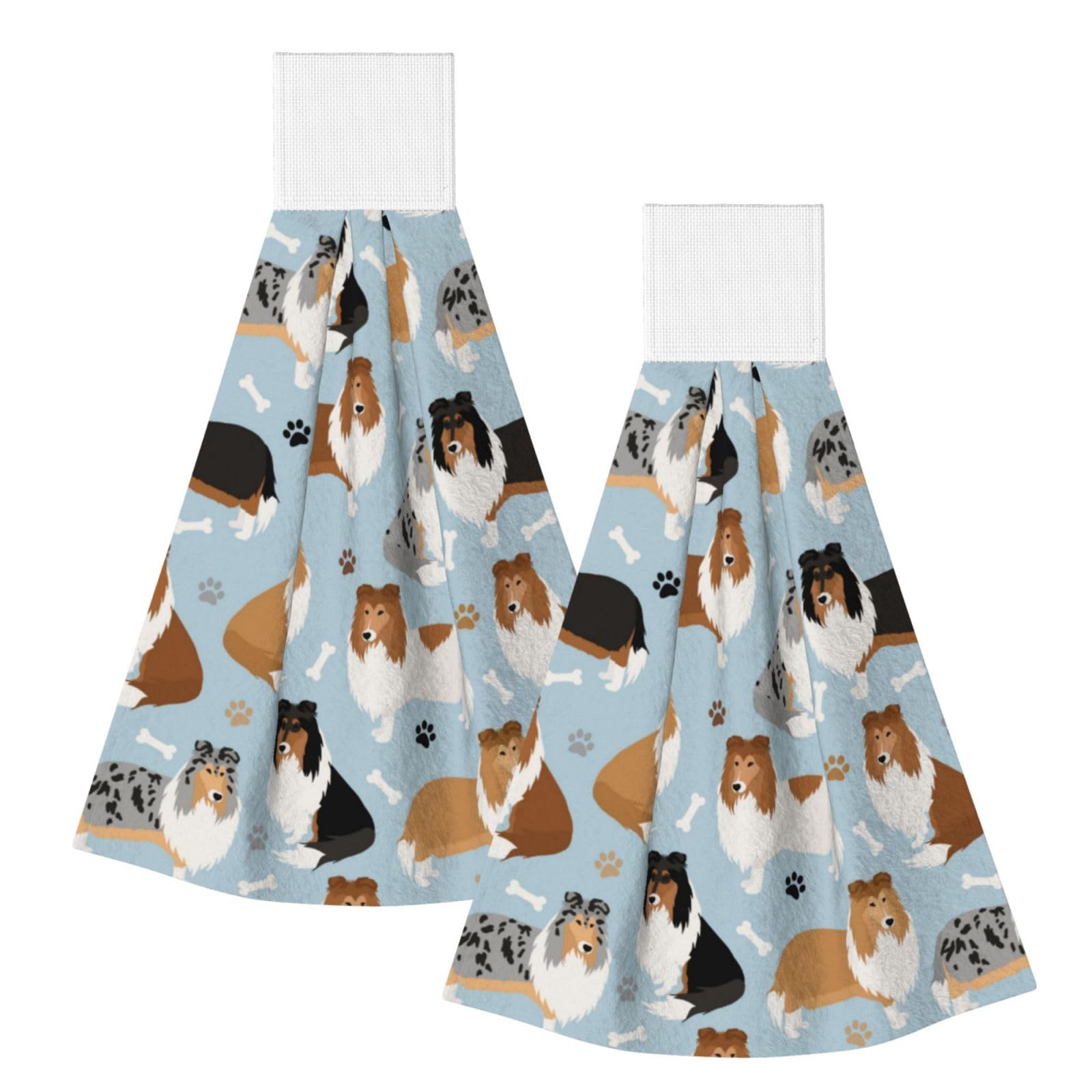 DOPKLNA Rough Collie Paws And Bones, 2 Pcs Hanging Coral Fiber Hand Towels for Bathroom, Absorbent Kitchen Towels