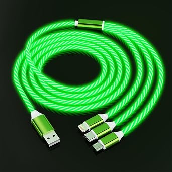 3-in-1 Light Up LED Flowing Lightning/Type C/Micro USB Car Glowing Charge Cable for iPhone,Green Multi RGB Car Charger Cord for Apple iPhone 15/14/13/12/11 Pro Max/XR/XS/SE,iPad/Android/Samsung-4FT