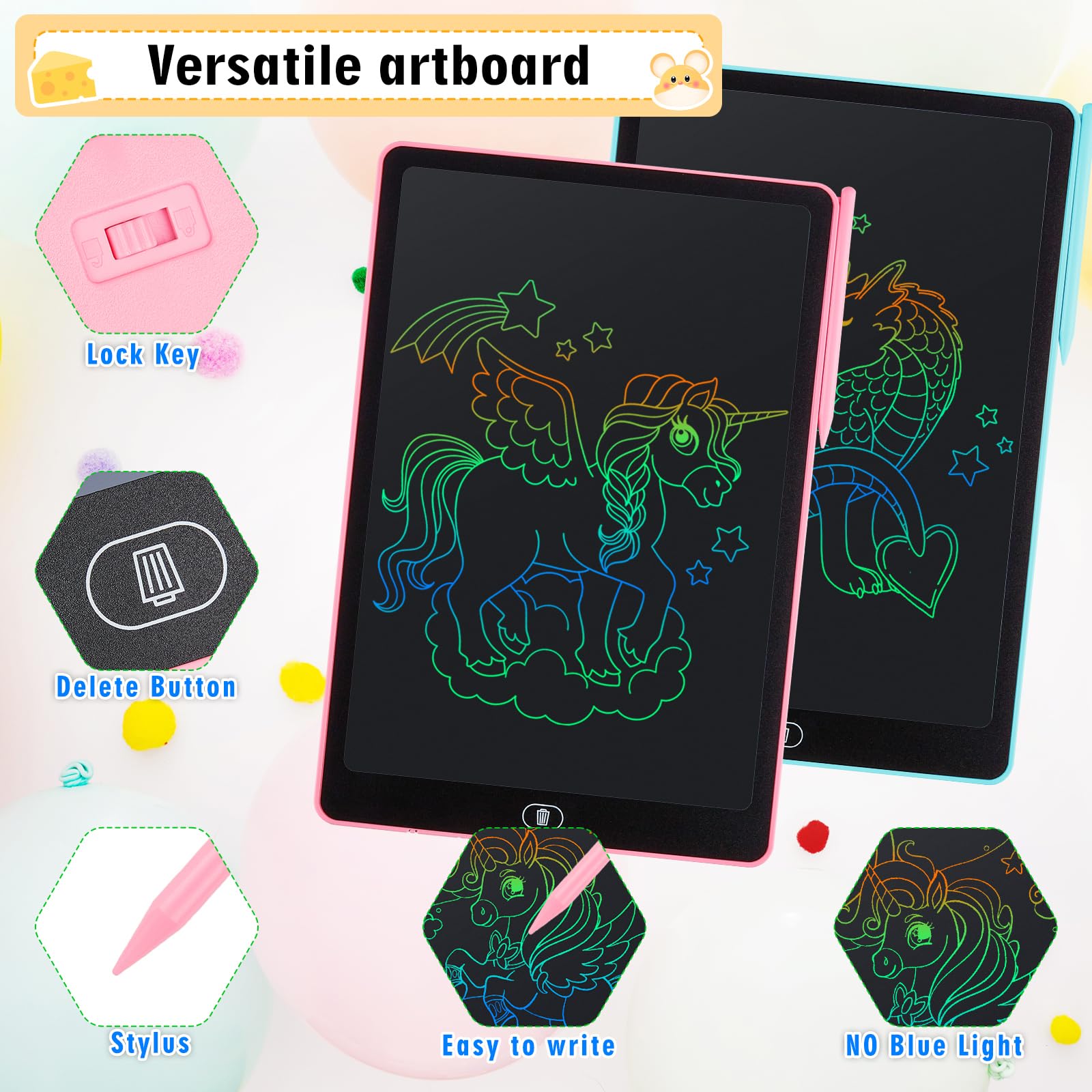 Tablette D'écriture LCD 16 Pouces Dessin Ecran Coloré Effaçable Autocollants Animaux Garçons Filles 3-6 Ans Bleu Rose
