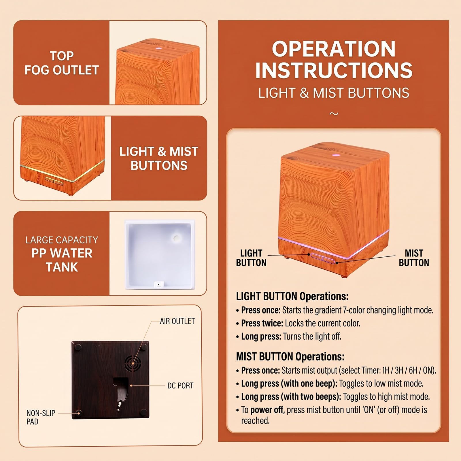 Diffusore Di Oli Essenziali Umidificatore Con for Uso Interno Domestico | Nebbia Fredda Con Timer Remoto Spegnimento Automatico 2 Modalità Di Nebbia For La Scrivania Dell'ufficio(Light wood grain)