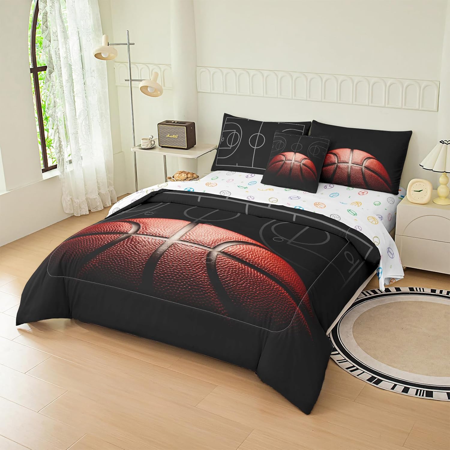 Bodhi Boys Queen Comforter Sets with Basketball Print,Soft Sports Bedding Sets Queen Size for Kids,6 Pieces Boys Bed in A Bag Comforter Sets