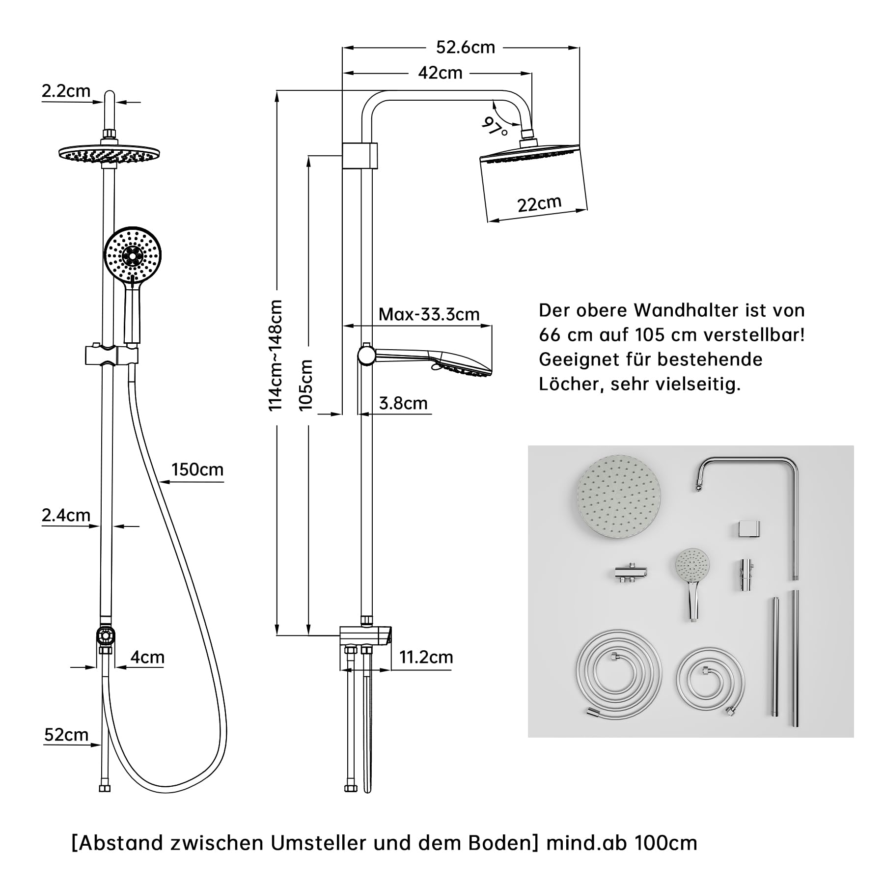 Regendusche ohne Armatur – Duschsystem aus Edelstahl mit Runder Regendusche Duschkopf, Höhenverstellbare Duschstange, Chrom-Oberfläche, für Badezimmer