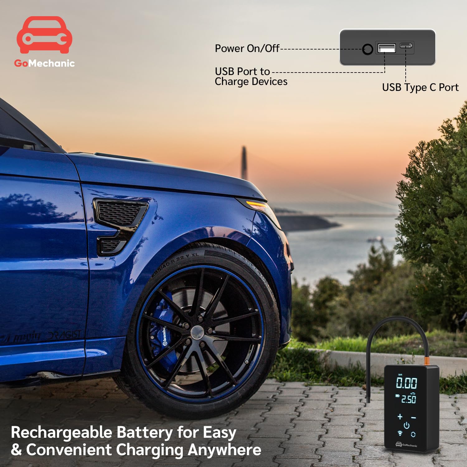 GoMechanic Wireless Tyre Inflator for Car & Bike |150 PSI |3000 mAh Battery | Air Pump with Full LCD Touch Screen, Multiple Presets| PowerBank|Flash Light |Type C, Digital Display, Multiple Nozzles 2