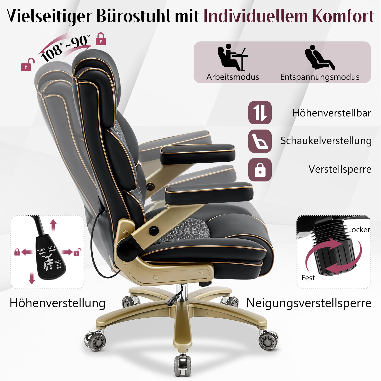 Big and Tall Bürostuhl 230kg, Ergonomischer Chefsessel aus Leder mit Komfortsitz, 5D Armlehnen, Verstellbarer Lendenstütze, Hoher Rücken, Großer Drehstuhl für Home Office, Schwarz
