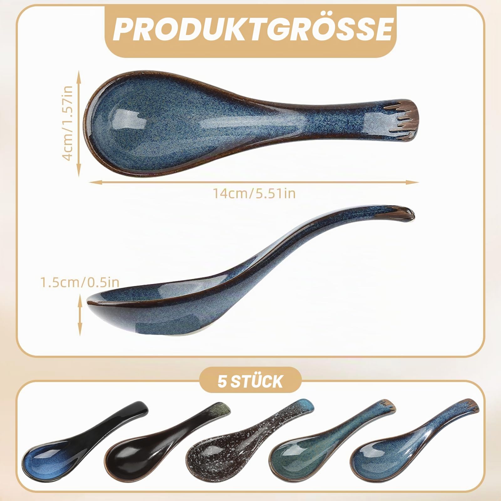5 Stück Asiatische Suppenlöffel Set,Japanische Art-Blaue Keramik Suppenlöffel,Retro Ramen-Löffel im,Chinesischer Löffel für Suppen,Knödel und Getreide Eintöpfe,Ideal für den Haushalt und das Esszimmer