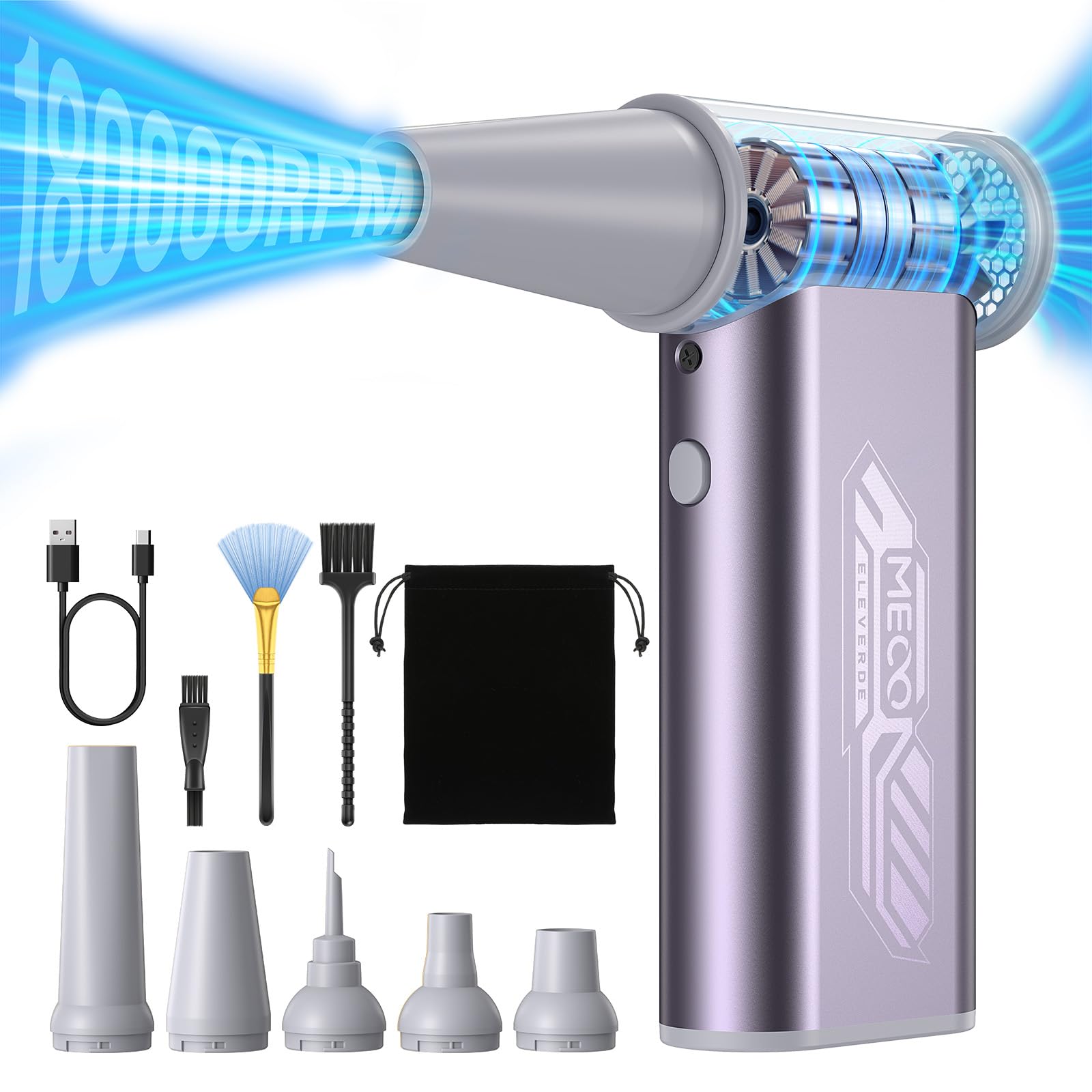 MECO ELEVERDE Compressed Air Duster 180000RPM Mini Electric Air Duster 4 Gear Turbo Fan Car Dryer Air Blower Cleaning kit Cordless Dust Blower for Car Home Office Replace Canned Air (Purple)