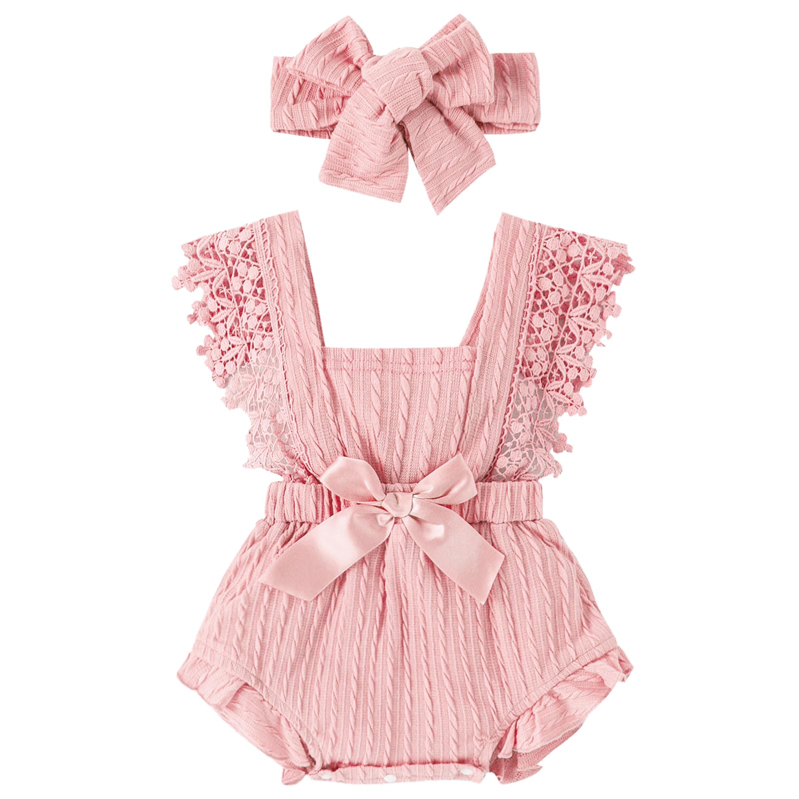 Kunyeah Mono de Encaje para bebé niña Body sin Mangas con Volantes y Diadema para recién Nacido Ropa de Verano para bebé