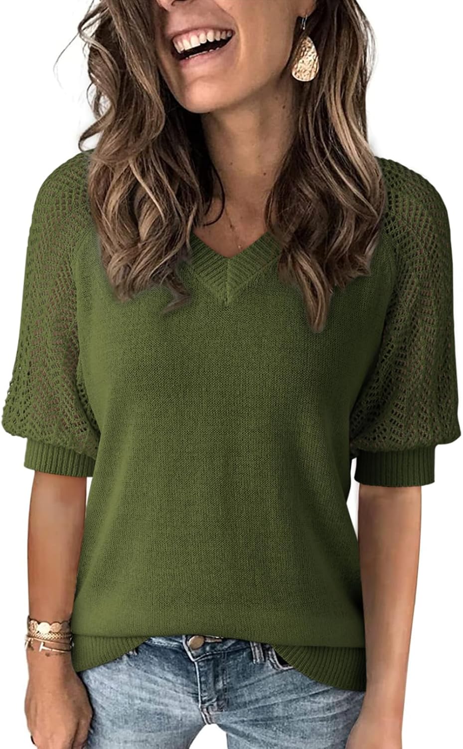 Dokotoo Women's Casual Short Sleeve Loose Crochet Tunic Tops Lightweight Knit Pullover Sweater Blouses