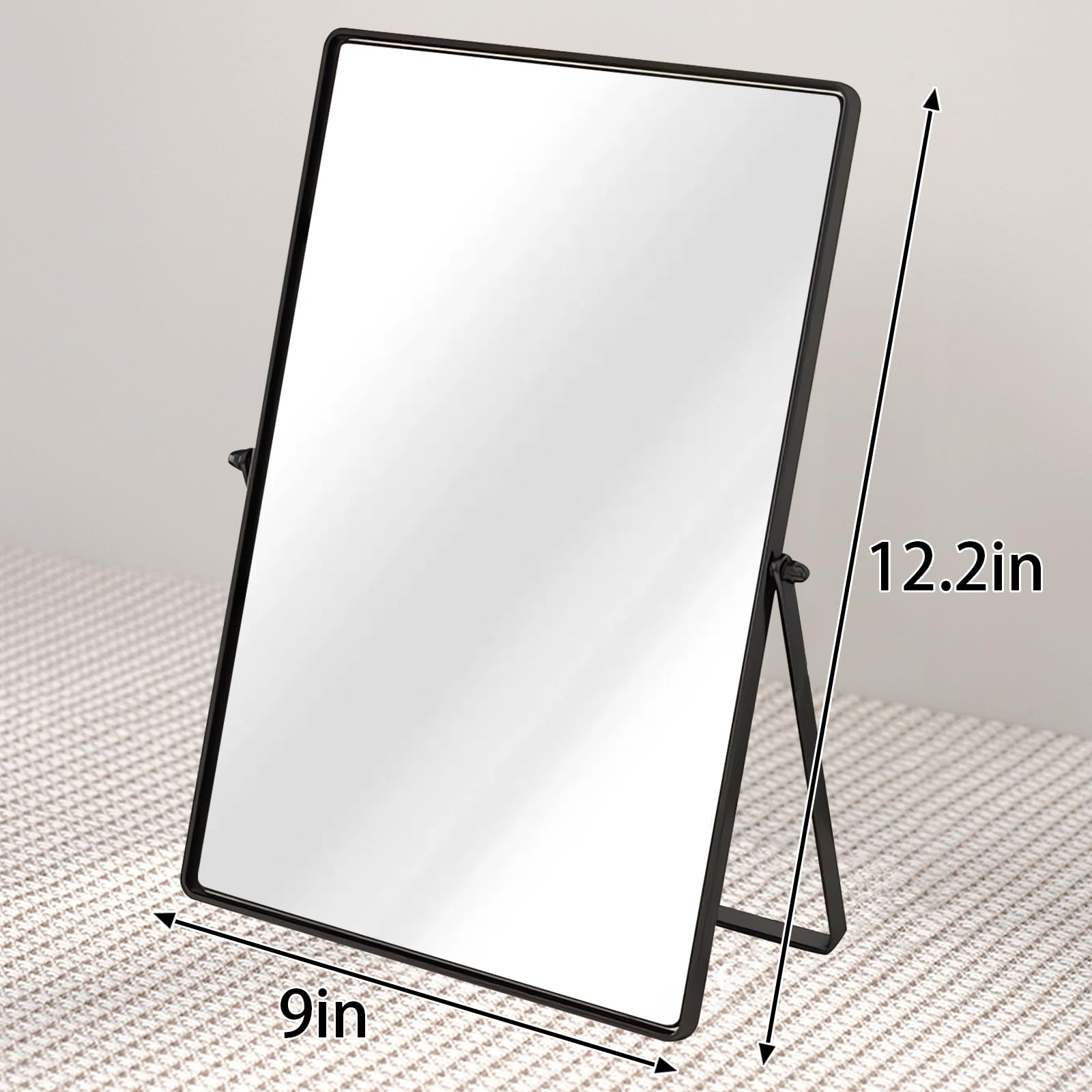 Schreibtisch-Make-up-Spiegel mit schwarzem Metall, stehend, um 90° drehbar, Schminktischspiegel, tragbarer Kosmetikspiegel für Ankleidezimmer, Schlafzimmer, Badezimmer, rechteckig