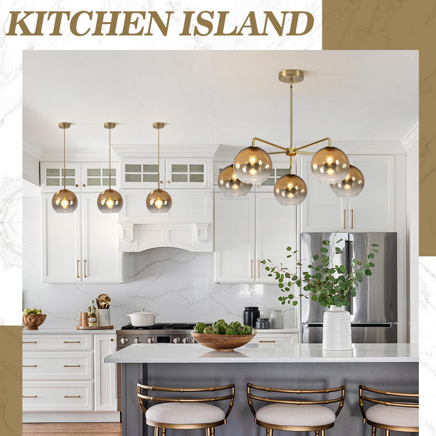 BOKT Modern Globe Chandelier 5 Light Glass Ball Pendant Light Adjustable Gradient Chandelier Mid Century Bubble Round Pendant Light Fixture Gold Vintage Kitchen Island Ceiling Hanging Lighting