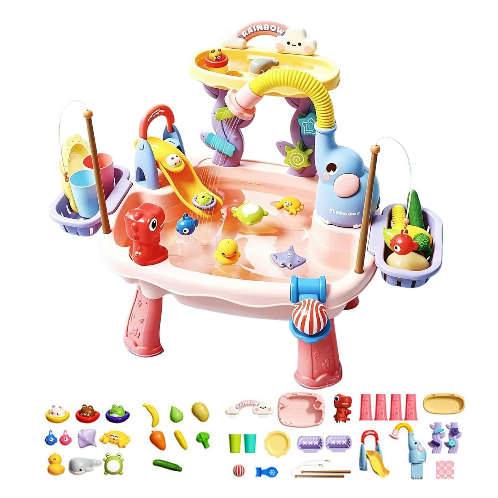 2026 Water Table for Toddlers 1-3,2 Layer Water Table with Elephant Shower Head, Kids Electric Play Sink, Removable Table Legs,Kids Water Play Table with Slide Play Food Accessories Fishing Toy (Pink)