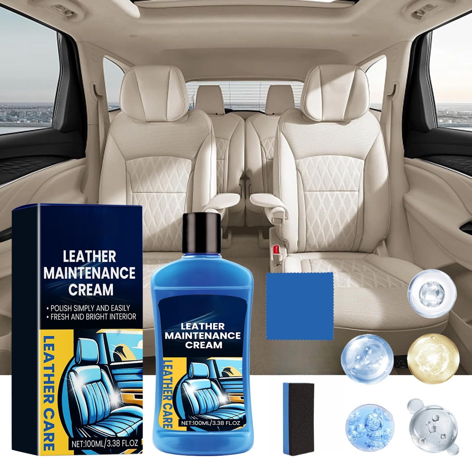 Leather Maintenance Cream, 100ml - Automotive Leather Care Cream for Seats & Sofas, Effective Cleaning, Stain Removal, Restoration, Includes Towel & Sponge, Ideal for Cars, Trucks, Furniture