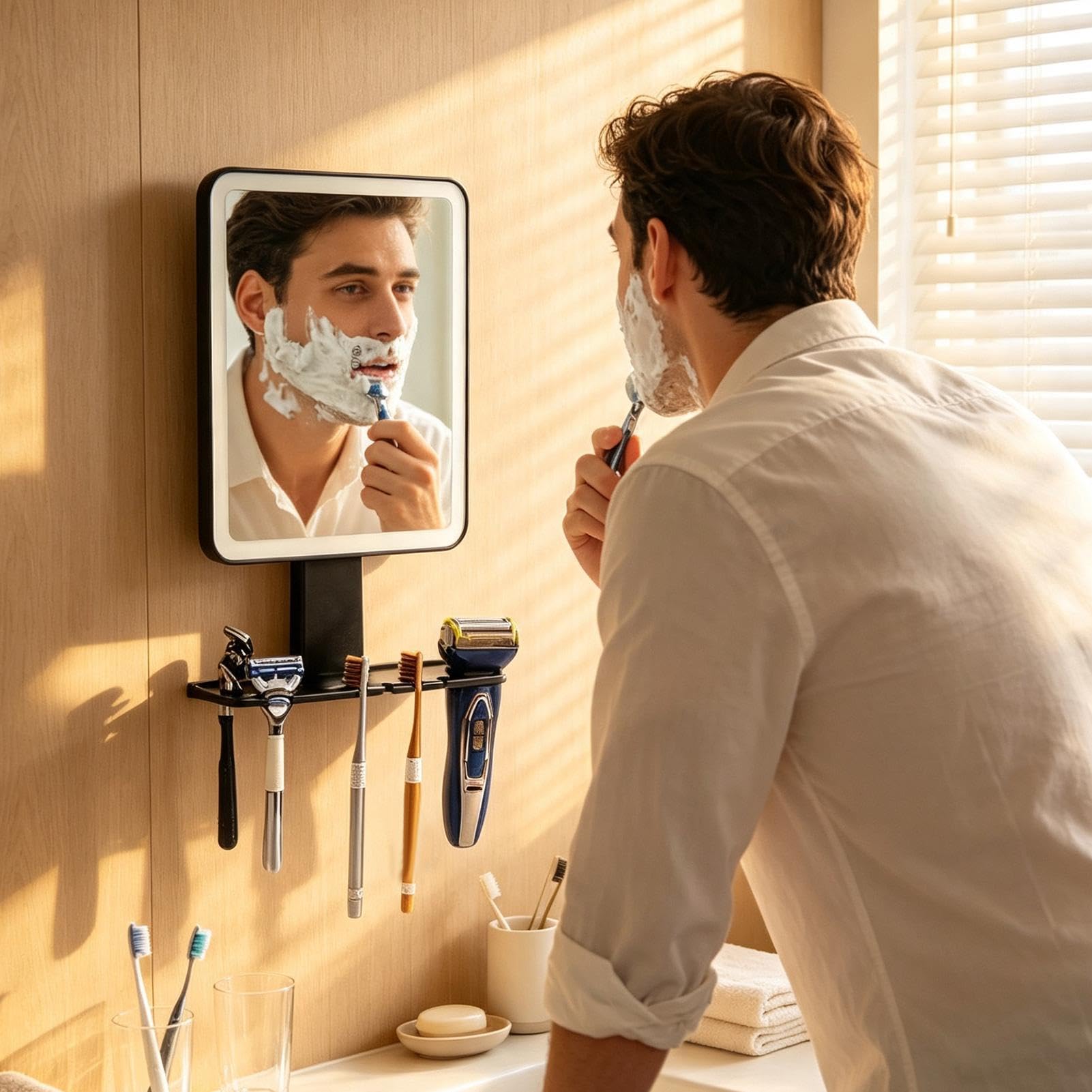 Miroir Rasage Pour Douche Anti-buée avec rangement et éclairage LED tactile