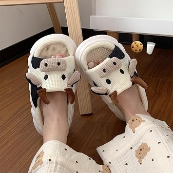 Cow Slippers for Women Men, Cute Cartoon Animal Open Toe House Slides Slippers, Linen Kawaii Indoor Outdoor House Shoes, Comfortable Non Slip Milky Cow Thick Sole Slipper (Cow (Linen),12 Women/10 Men)