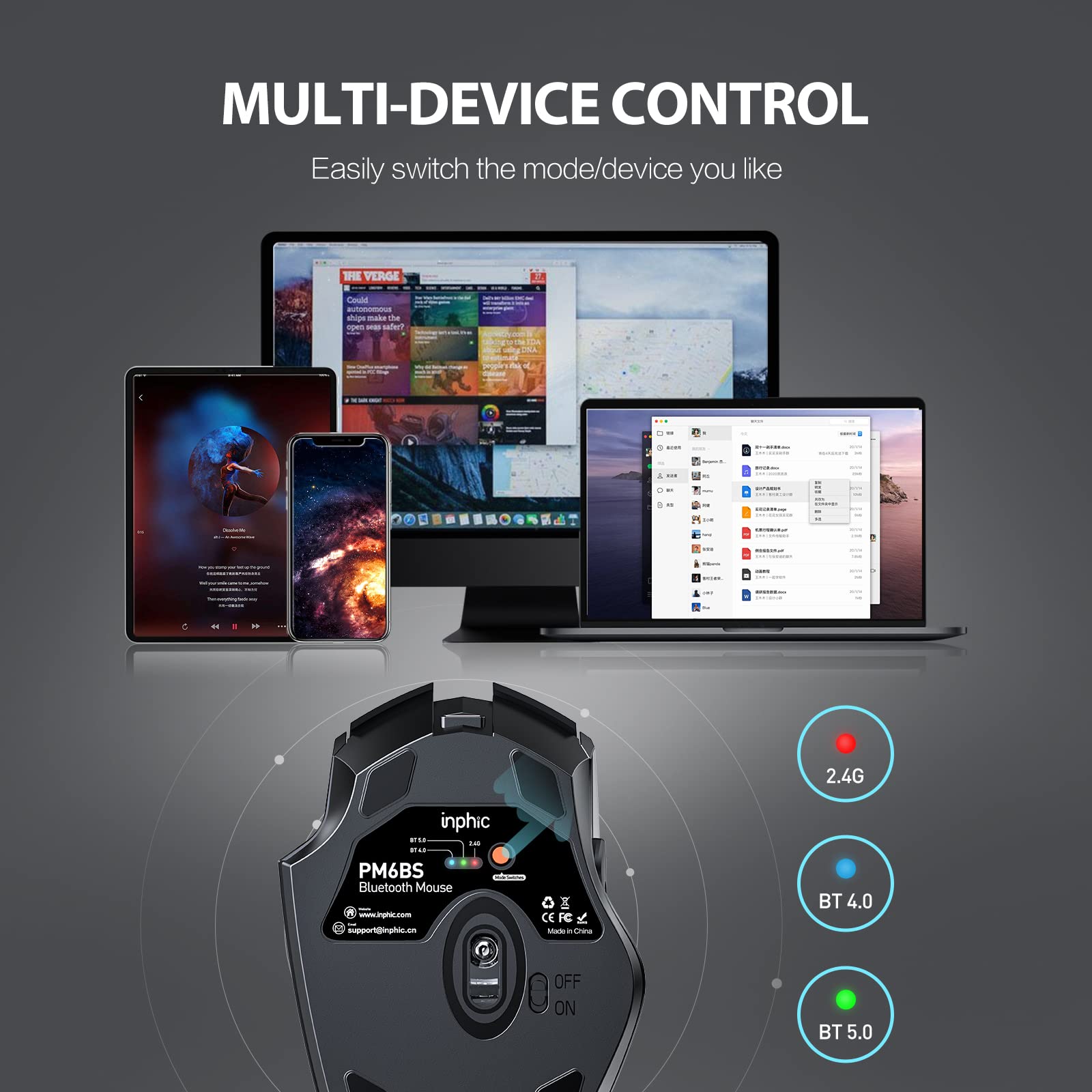 INPHIC Multi-Device Bluetooth Mouse, Upgraded Visible Battery, 2400 DPI, Silent Ergonomic Computer Wireless Mouse for Laptop, Mac, PC etc. - Image 3