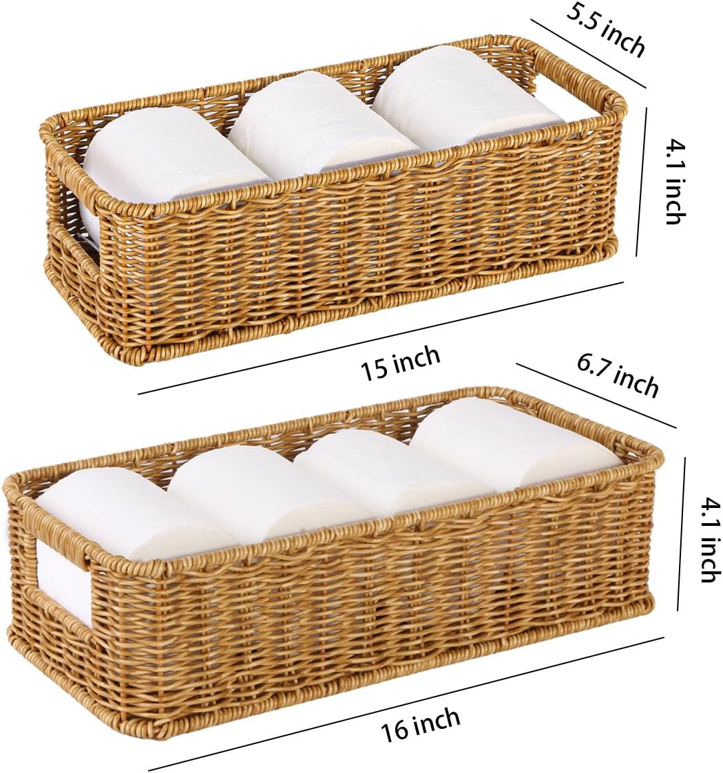 Toilet Paper Storage Basket, Small Wicker Shelf Basket Rectangle Pantry Baskets for Storage Organizer, Cute Baskets for Bathroom Bedroom Kitchen Shelves Decor (Beige)
