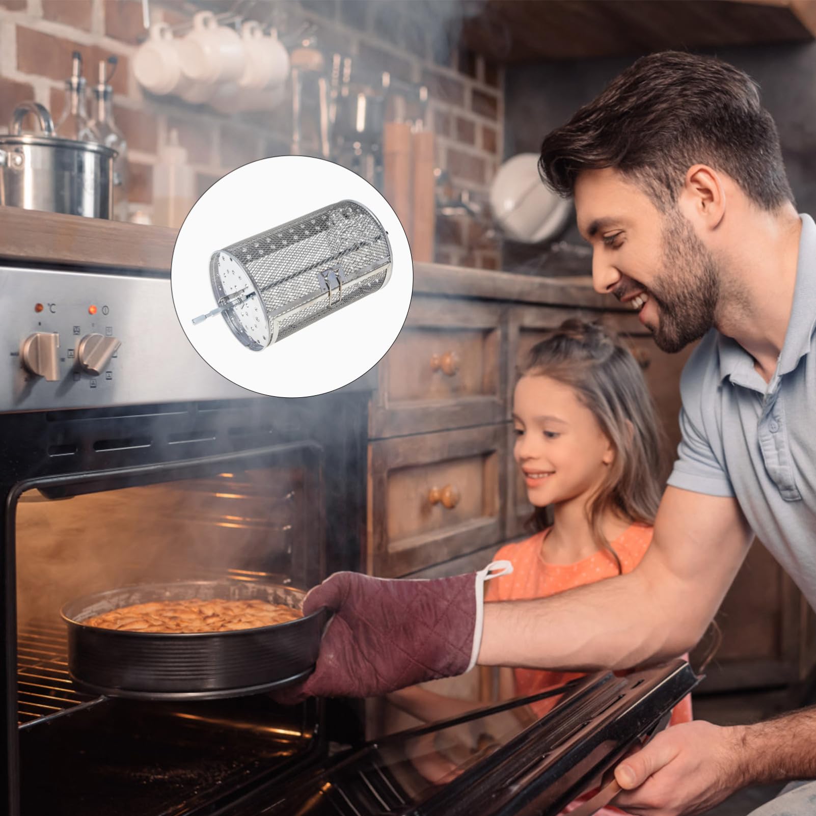 Jaula Giratoria para Barbacoa de Acero Inoxidable Resistente la Oxidación Accesorio Práctico para Asar Nueces y Carne Horno Eléctrico y Freidora de Aire Incluye Cesta y Eje para
