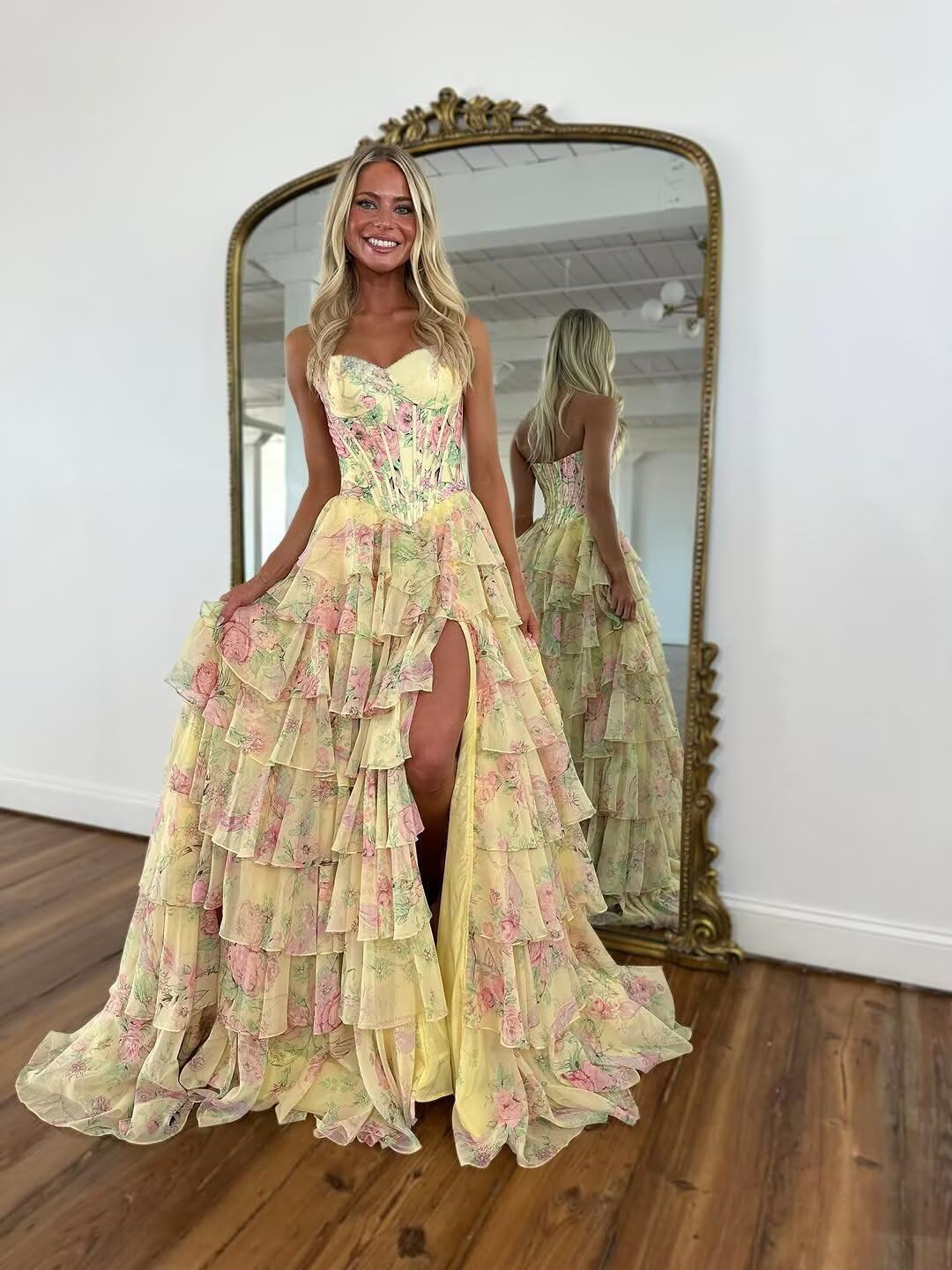 UZN Strapless Floral Prom Dresses 2026 Tiered Corset Formal Evening Party Gowns Long with Slit - Image 3