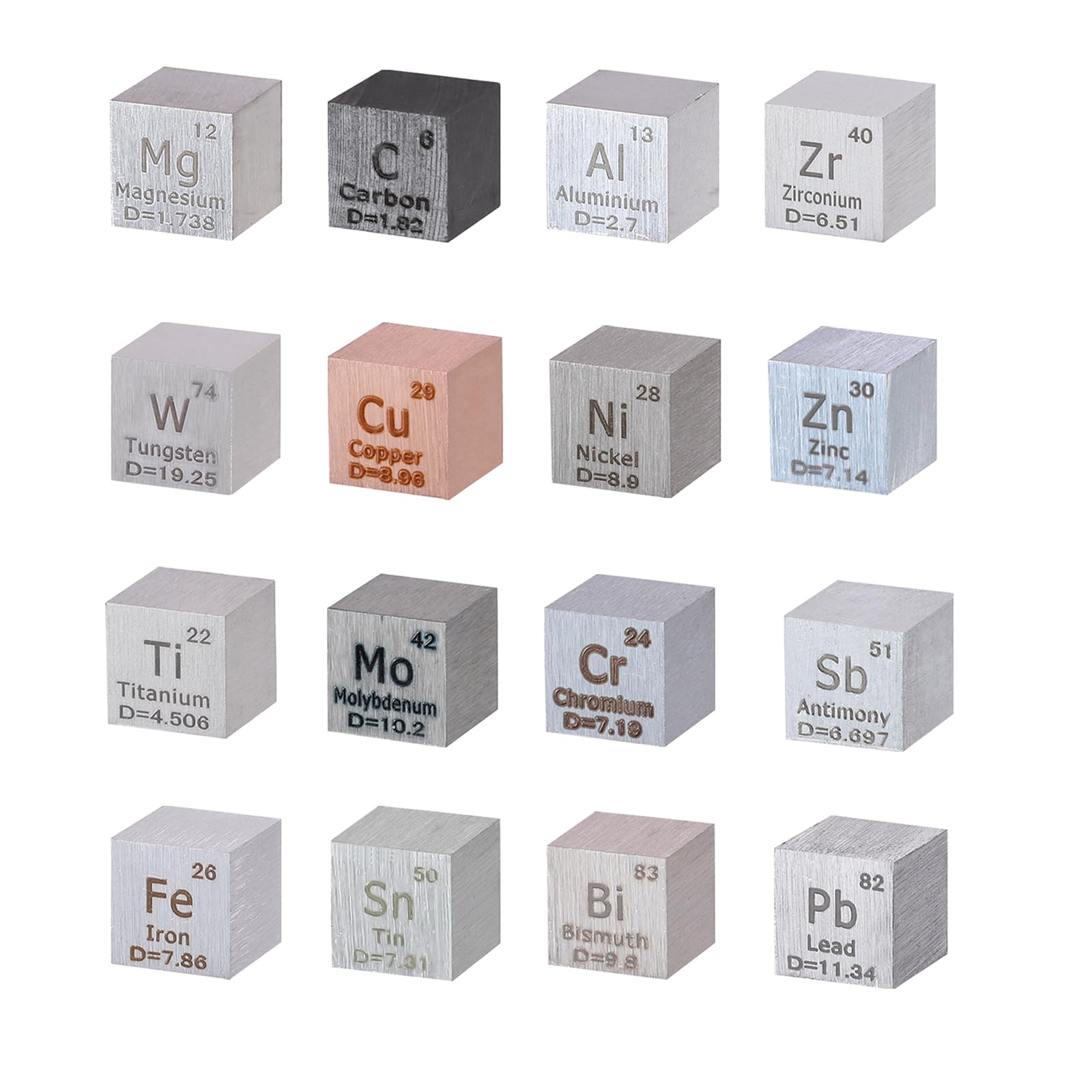 HOMOSTARRY 16 Piece Element Cube Set 0.39” Density Metal Cube Set 10mm Up to 99.99% Purity, Tungsten Cube, Bismuth and 18 More for Students Teacher