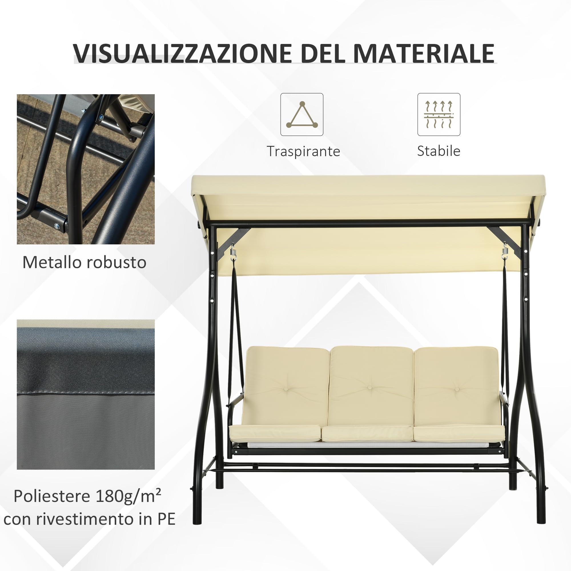 Outsunny Dondolo da Giardino 3 Posti, Dondolo Letto per Esterni con Tettuccio Regolabile, in Metallo e tessuto Teslin, Beige e Nero