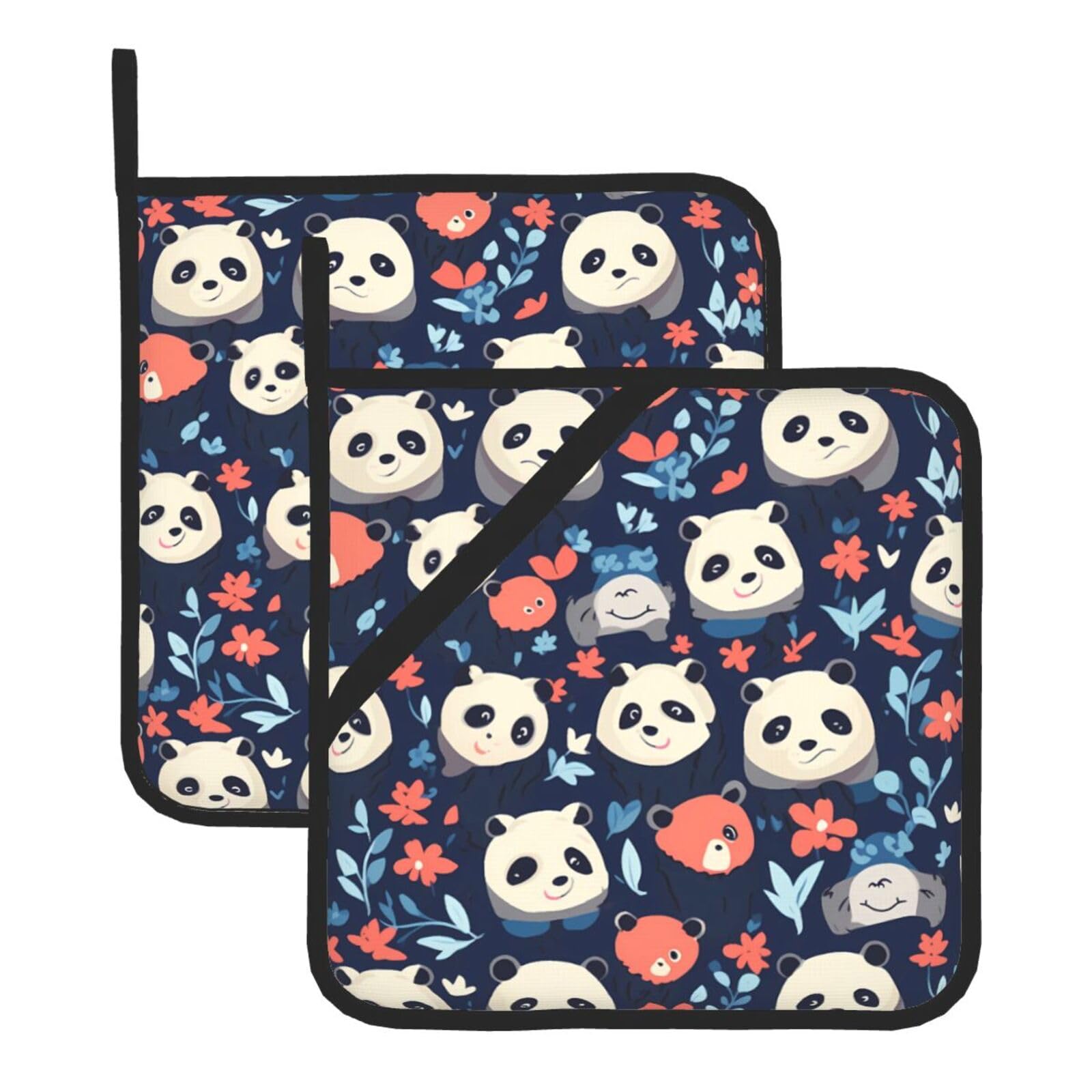HJFCZH Panda Lovely Head Printed Square Insulated Pot Mat Set (2-Piece) 8x8in Waterproof, Thickened & Easy to Clean with Lanyard Design for Kitchen, Oven & BBQ