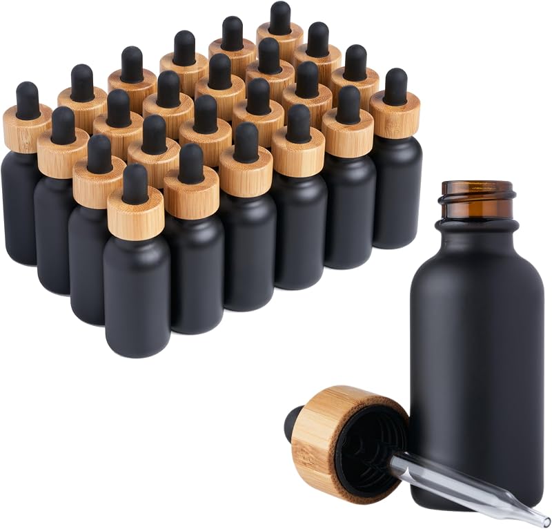 Frascos conta-gotas Boston Round pretos com tampa de bambu, 30 mL, pacote com 24
