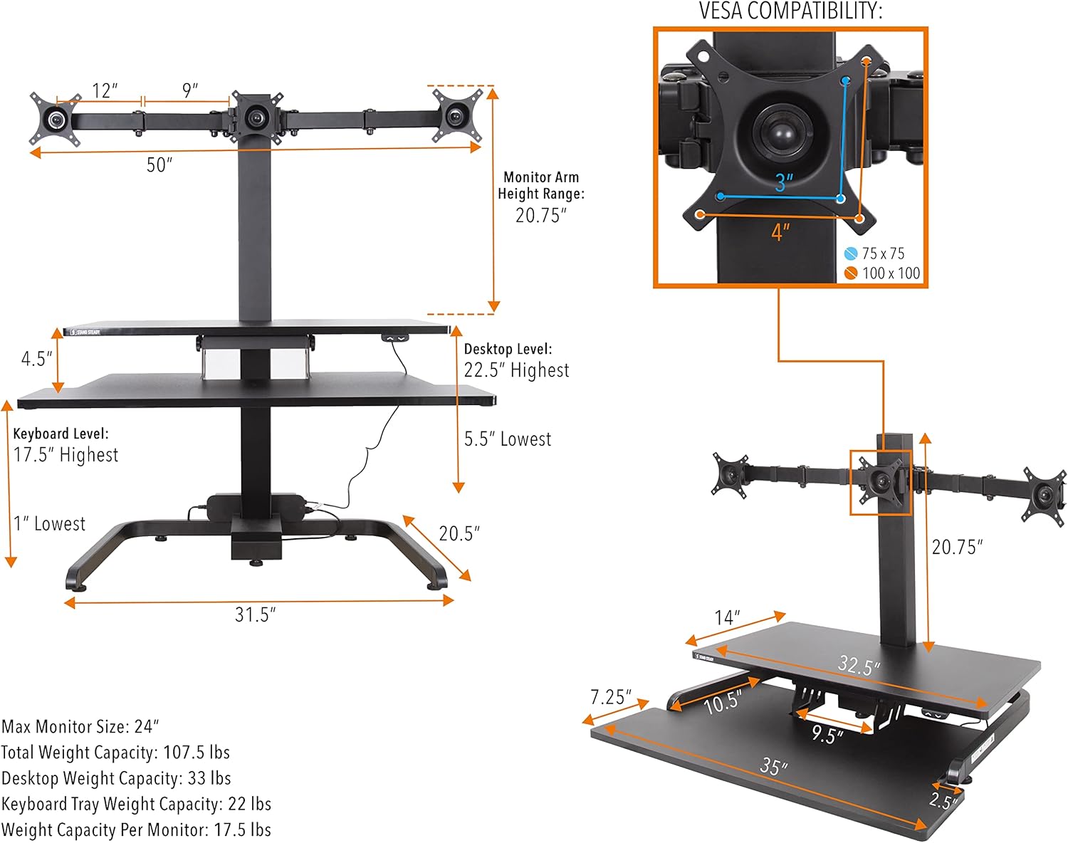 Techtonic Triple Monitor Electric Standing Desk Converter - Black