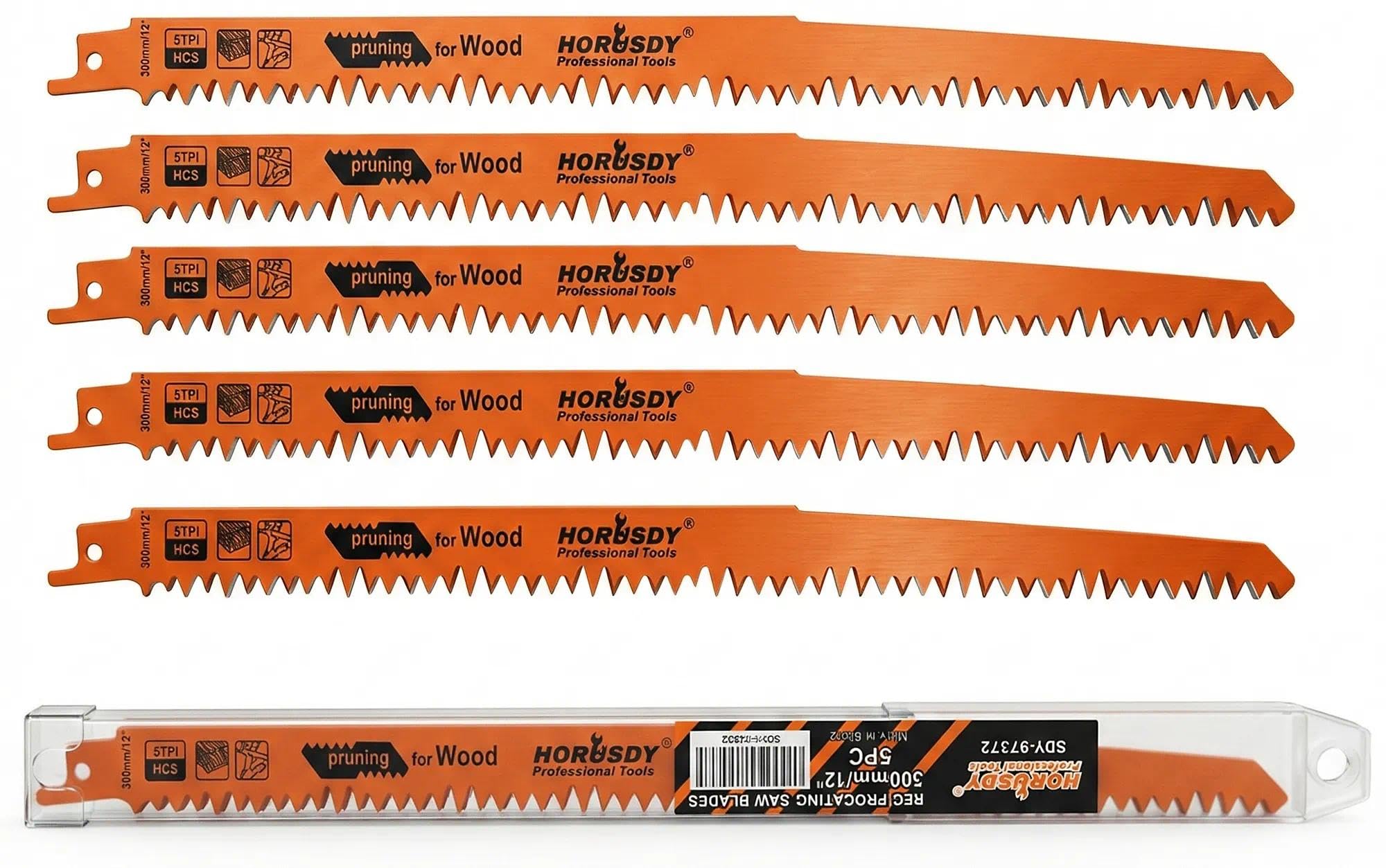 5-Pack 12-Inch Wood Pruning Reciprocating Saw Blades, 5TPI HCS Carbon Steel Sawzall Blades for Fast Cutting Green Wood, Branches & Plastic - Includes Storage Case