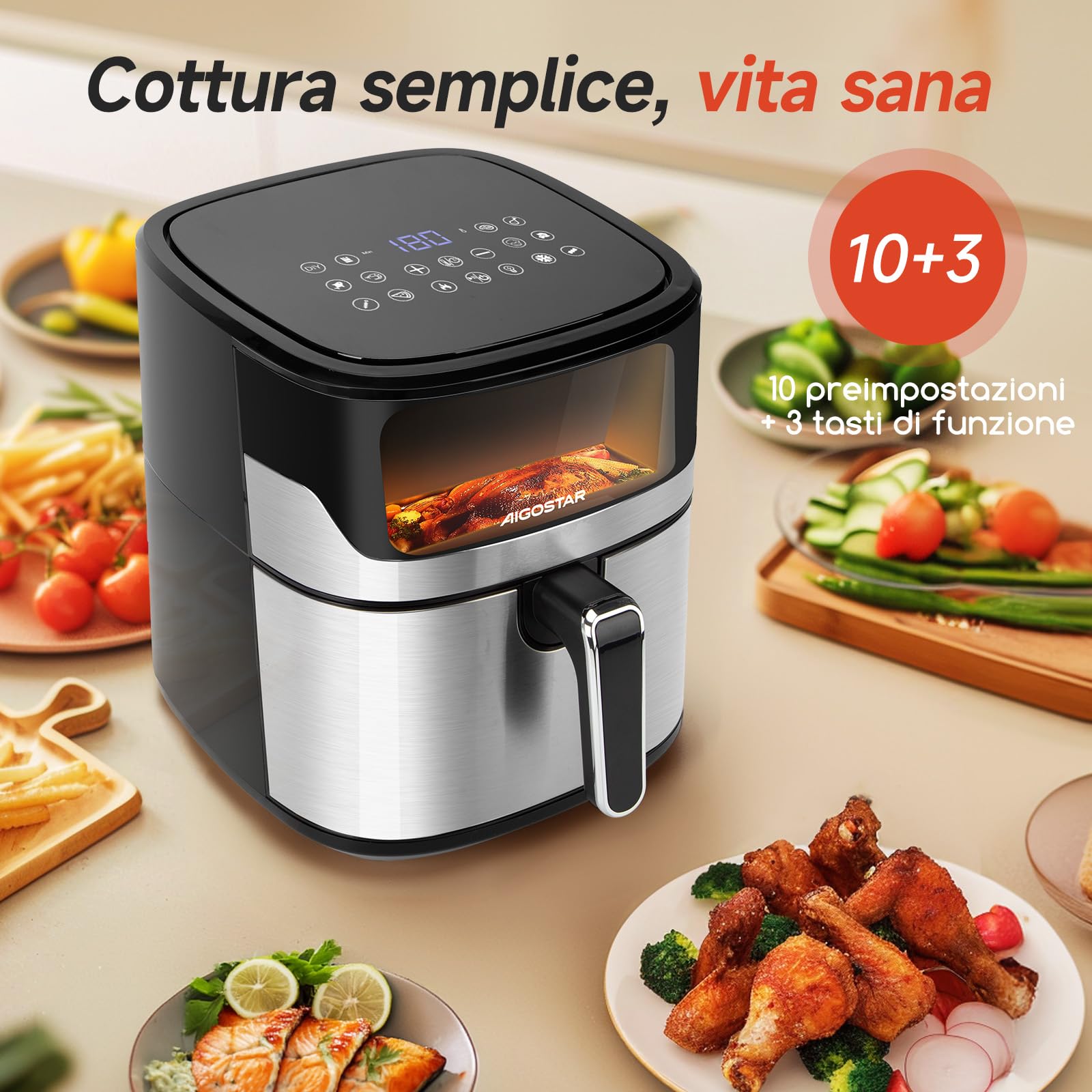 Aigostar XXL Heißluftfritteuse 6,5L mit Sichtfenster, 1600W Airfryer, Touchscreen, 12 Programme + intelligentes Vorheizen, Kompakt Fritteuse ohne Öl, Antihaftbeschichtet, Schwarz