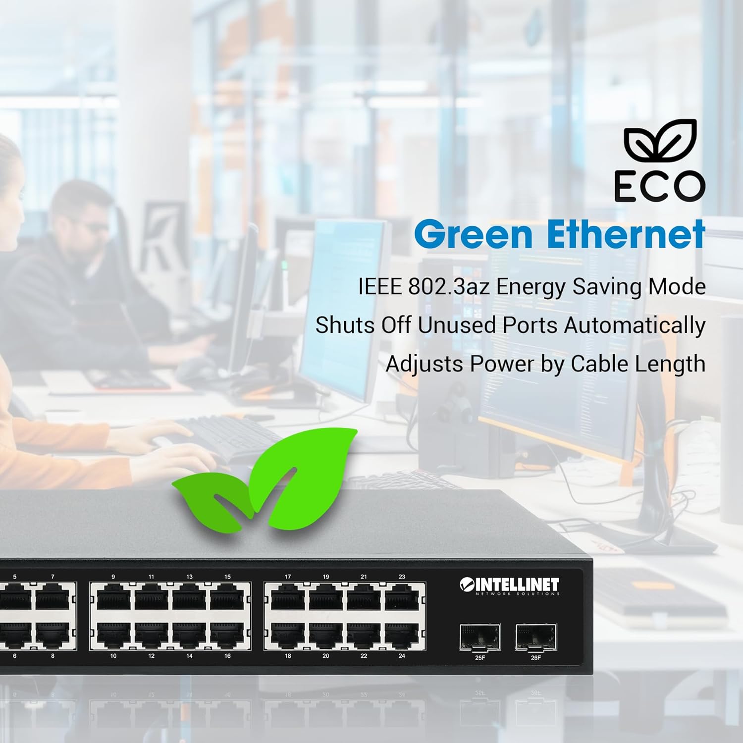 Intellinet 24-Port Unmanaged PoE+ Gigabit Ethernet Switch - 370W Power Budget, 2 x 1Gbps SFP Ports, Rackmount / Desktop, Autosensing Ports, Sturdy Metal – 3 Yr Mfg Warranty - 561891
