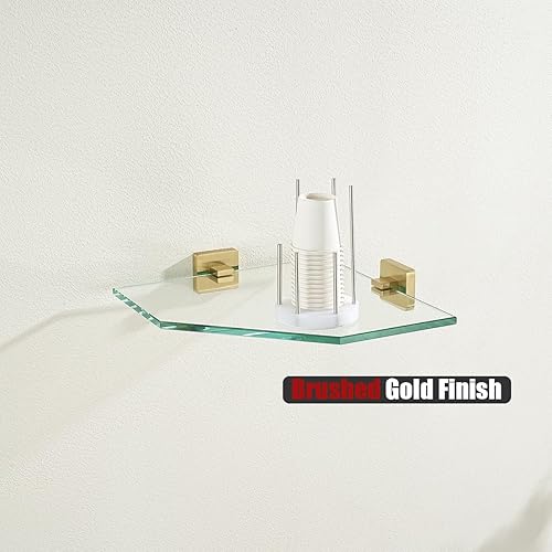 Miniatura 4 de JQK Estante esquinero de vidrio dorado, acero inoxidable 304, estante flotante de pared triangular de ducha de acero inoxidable 304, vidrio templado