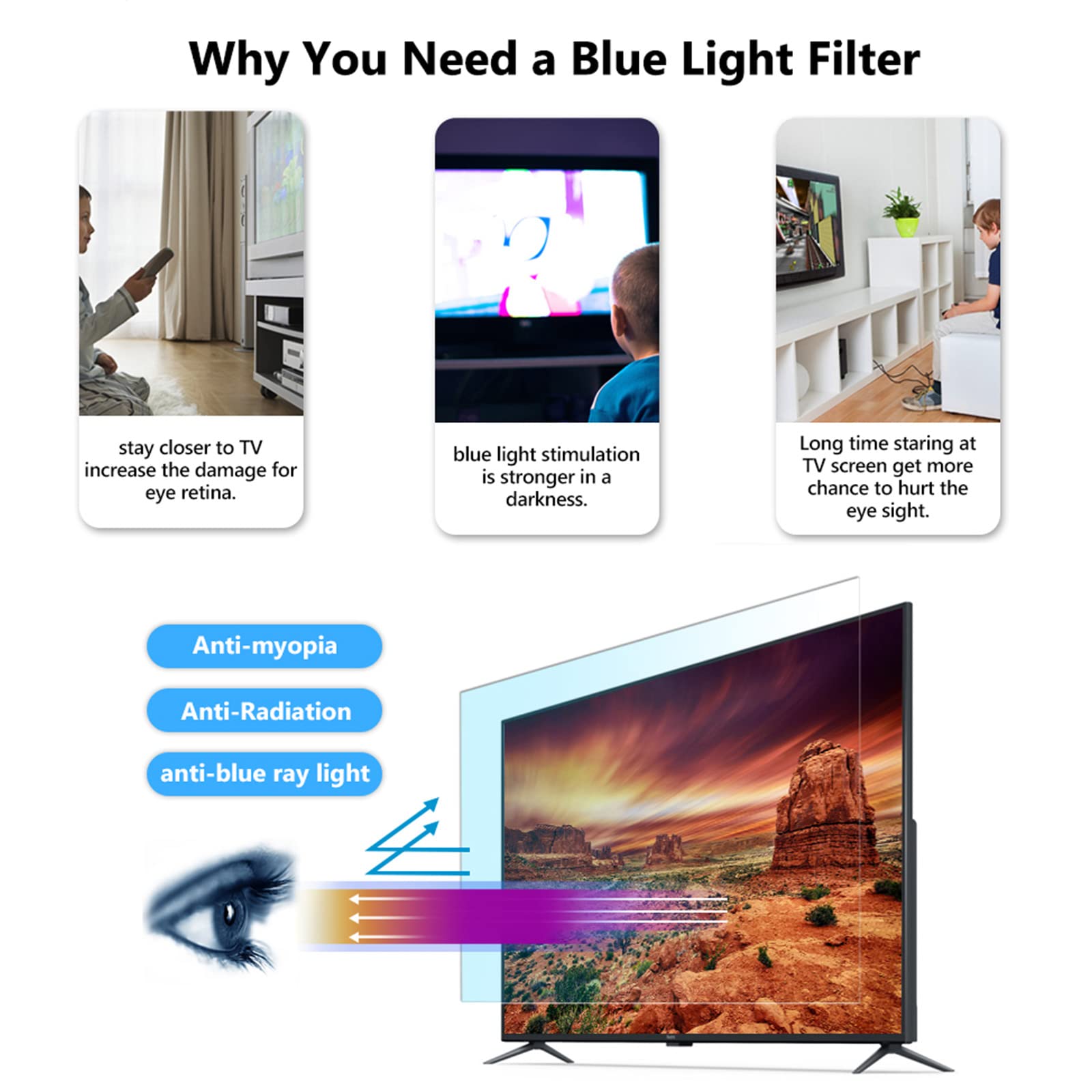 Anti Luce Blu Proteggi Schermo TV, Chiarissimo Antiriflesso Pellicola per La Protezione degli Occhi con Kit di Pulizia dello Schermo per LCD, LED, OLED E QLED 4K HDTV,32"(698 * 392)