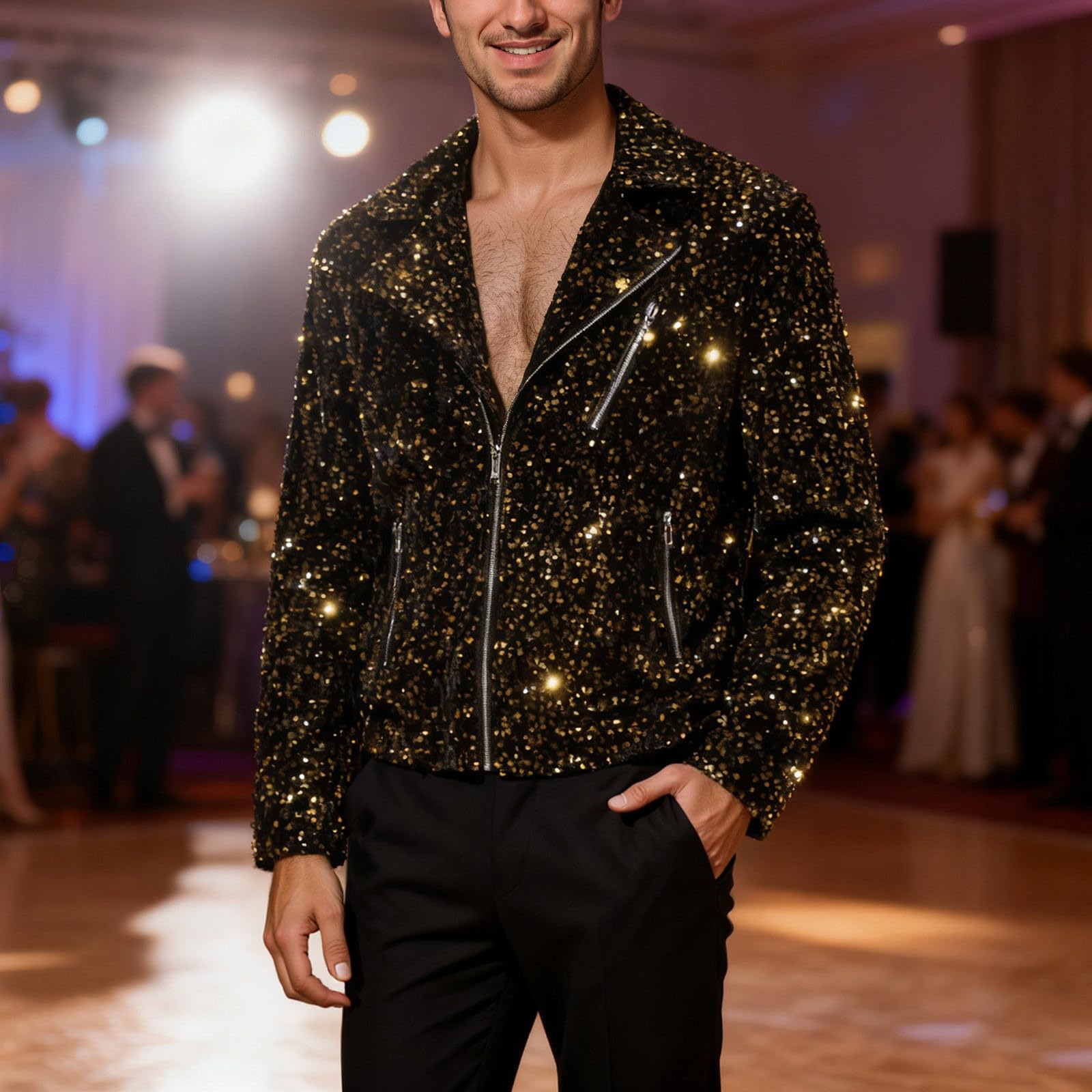 Générique Giacca da uomo Mi Staison – Giacca da uomo Primavera Estate Stile elegante con paillette, scollo a petto, tessuto velluto glitterato lucido, per la sera, spettacoli ed eventi festivi