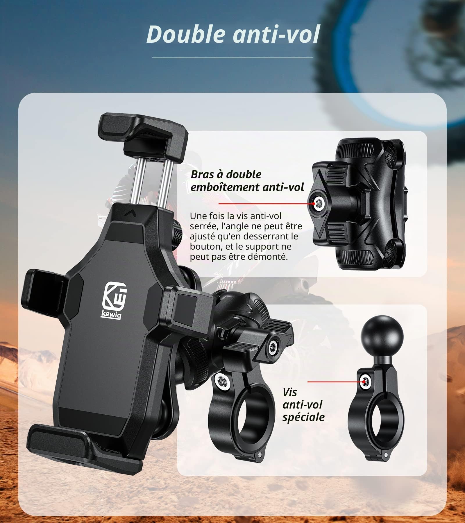 Kewig Support de téléphone pour moto avec amortisseur de vibrations et verrouillage sécurisé à haute vitesse, support antivol pour guidon de moto, vélo, VTT, UTV, scooter pour téléphone de 4.7-7.2"