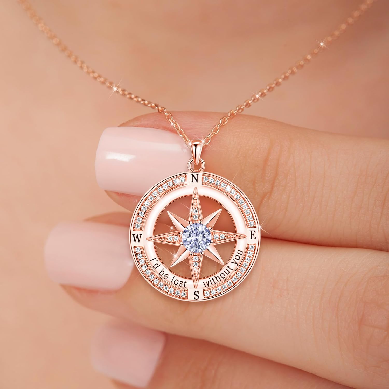 S925 Necklace Birthstone Compass Gift for Women Jewelry Sterling Silver Necklace for Wife Wedding Anniversary Girlfriend Birthday Gifts for Her Valentines Day Mom Mothers Day