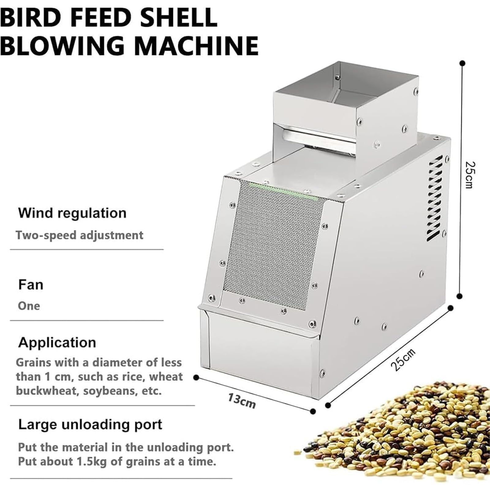 Máquina eléctrica de cáscara de Grano soplado, Trituradora de cáscara soplada de alimento para Aves de 30-40 kg/Hora, Máquina limpiadora de Semillas para Aves con Ventilador de Velocidad Ajustable