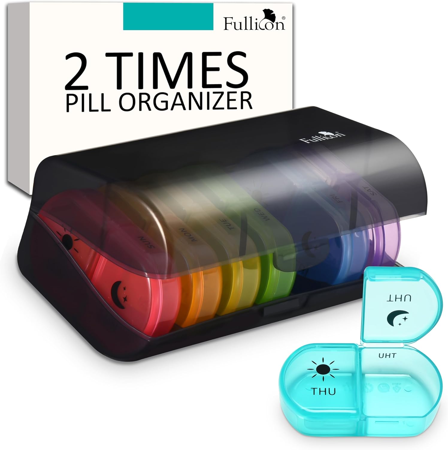 Fullicon Large Pill Organizer 2 Times a Day, Easy to Use AM PM 7 Day Pill Box, Secure Weekly Daily Pill Case, Durable Pill Container Travel, Portable Travel Medication Holder (Black Rainbow)