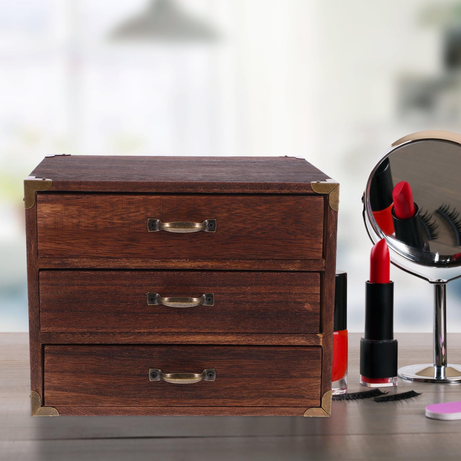 Holz Schreibtisch Organizer mit Schubladen Vintage Kaffee | Zwei oder Drei Auszüge, Praktische Aufbewahrungsbox für Home Office und Wohnung, Viel Platz