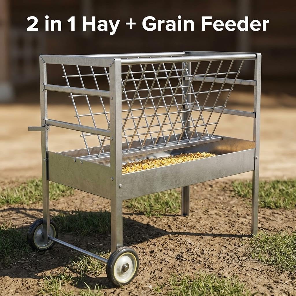 Galvanized Steel Livestock Feeder, Goat Hay Feeder for Goats Sheep Lambs, Mobile 2 in 1 Livestock Feeder with Wheels