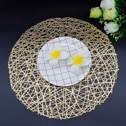 Miniatura 5 de Manteles individuales redondos dorados para mesa de comedor, juego de 6 manteles individuales metálicos con líneas huecas circulares de vinilo para