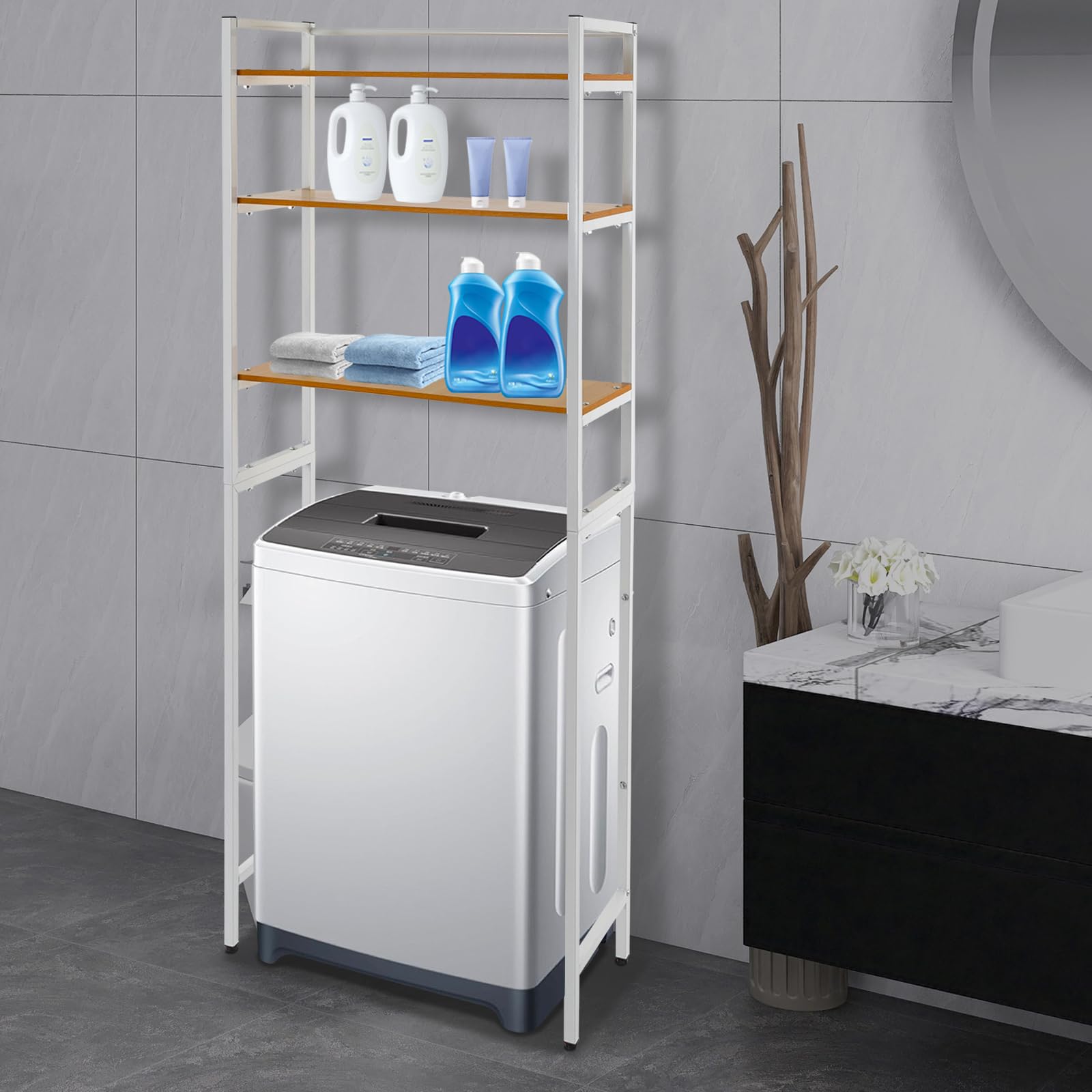 Estantería para lavadora, estantería de baño de 3 niveles, estantería sobre lavadora, ahorro de espacio, para cocinas, baños, lavaderos, fácil instalación, 69 x 30 x 181 cm