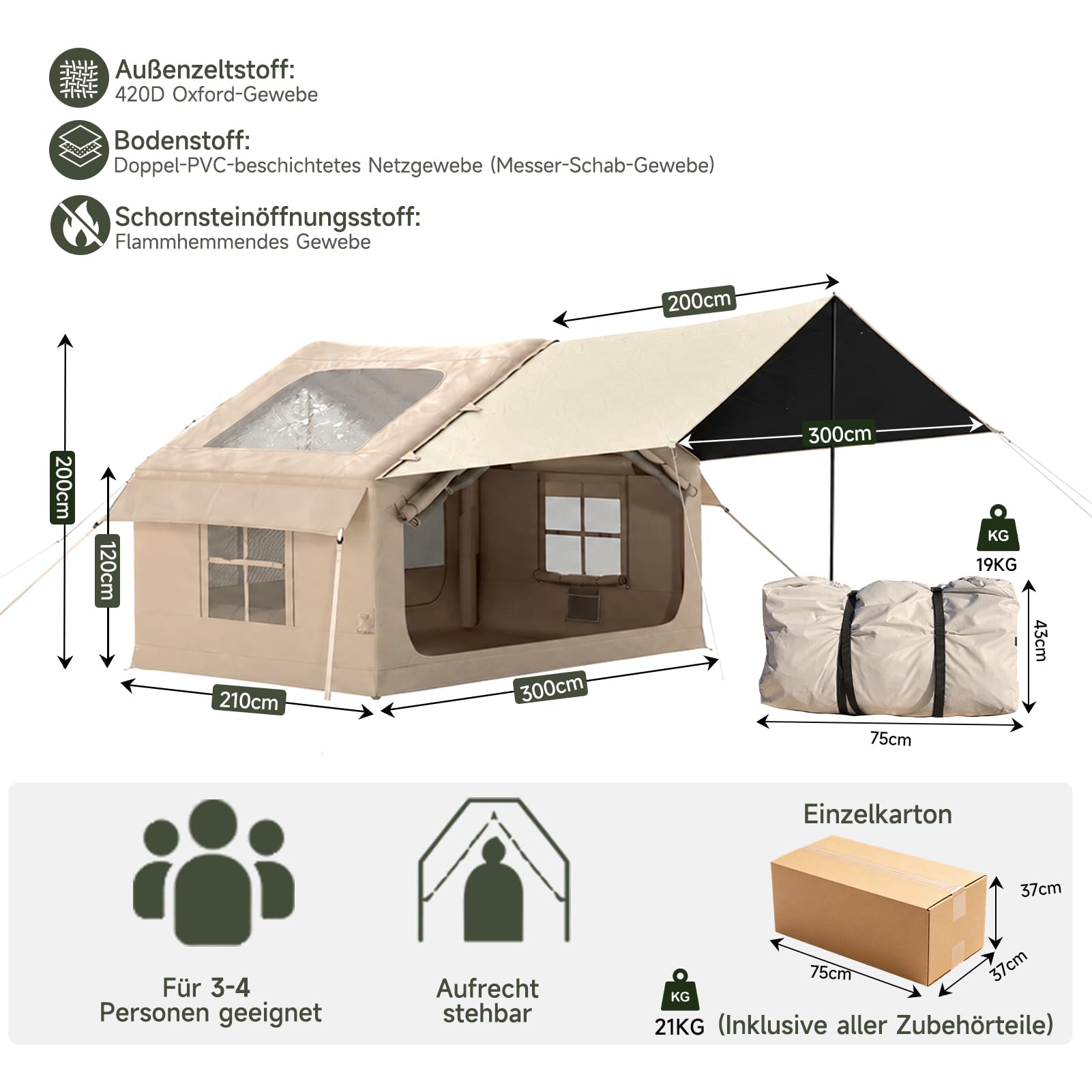 HAUSPROFI Aufblasbares Zelt für 2-4 Personen, Campingzelt mit Dachfenster & Kaminöffnung & Luftpumpe, Outdoor Zelt aus Wasserdichtem Oxford-Stoff, Schneller Aufbau