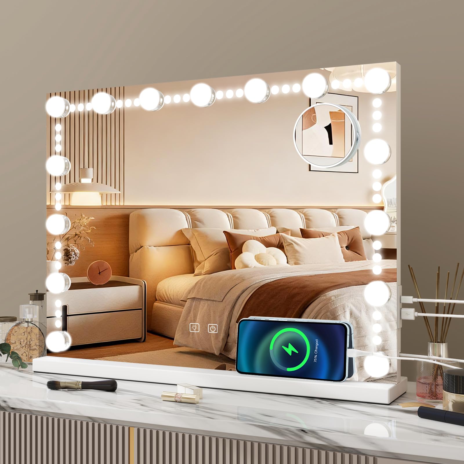 YU YUSING Specchio Trucco con Luci Hollywood 58x45cm, Specchio Trucco LED | con 15 Lampadine e Striscia a Punti Piccoli, 3 Colori, Controllo Touch, Type-C e USB, 10x, da Tavolo, da Parete, Bianco