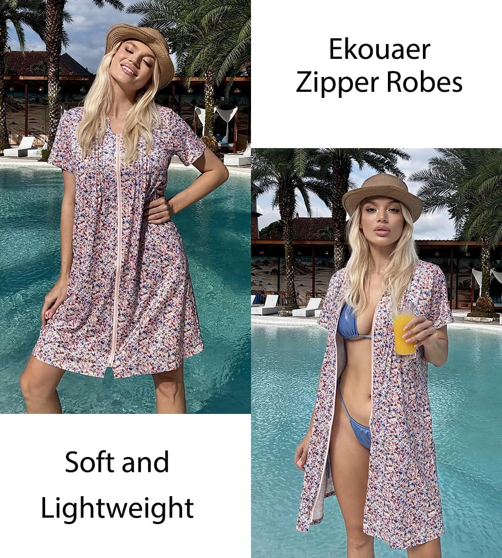 EKOUAER Women Zipper Robes Short Bathrobe Lightweight Mumu Duster House Coat with Pockets Soft Moo Moo Nightgown - Image 3