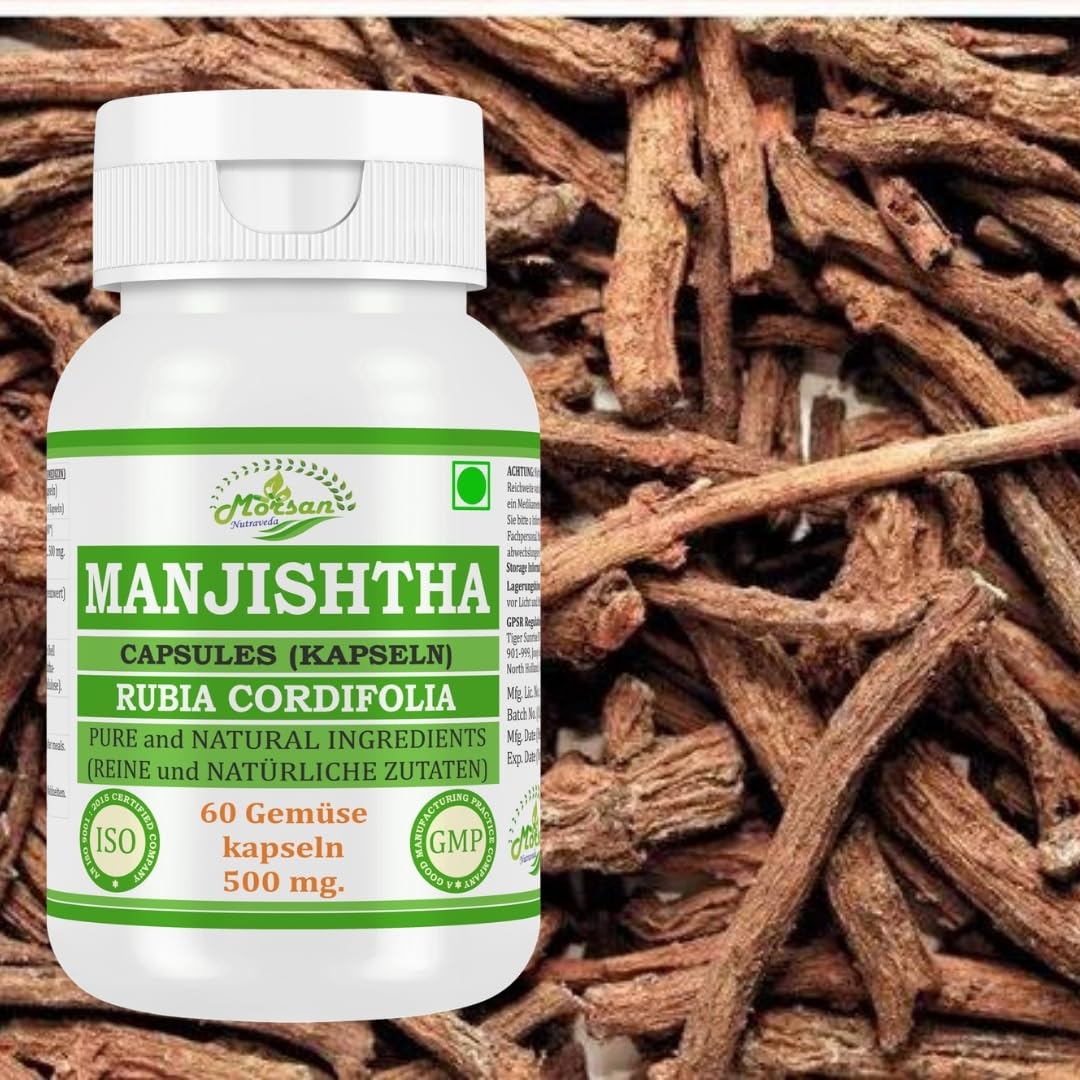 Manjishtha (Rubia Cordifolia, Manjith) Extrakt mit 10:1 Stärke, 500 mg x 60 vegane Kapseln | Ayurvedisches Kräuterergänzungsmittel für Männer und Frauen (2 Flaschen mit 60 Kapseln)