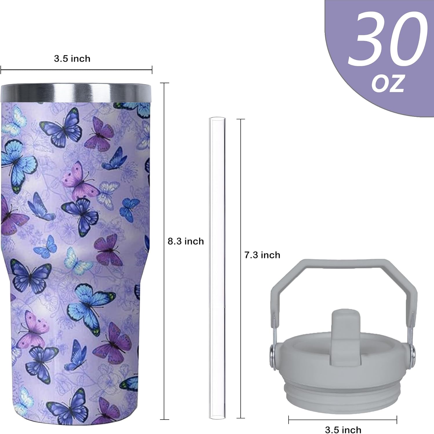 30 oz Purple Butterfly Tumbler with Handle and Filp Straw, Stainless Steel Cup with Lid and Straw, Travel Coffee Mug Insulated Water Bottle,Christmas Birthday Mothers Day Gifts for Women Animal Lovers - Image 2