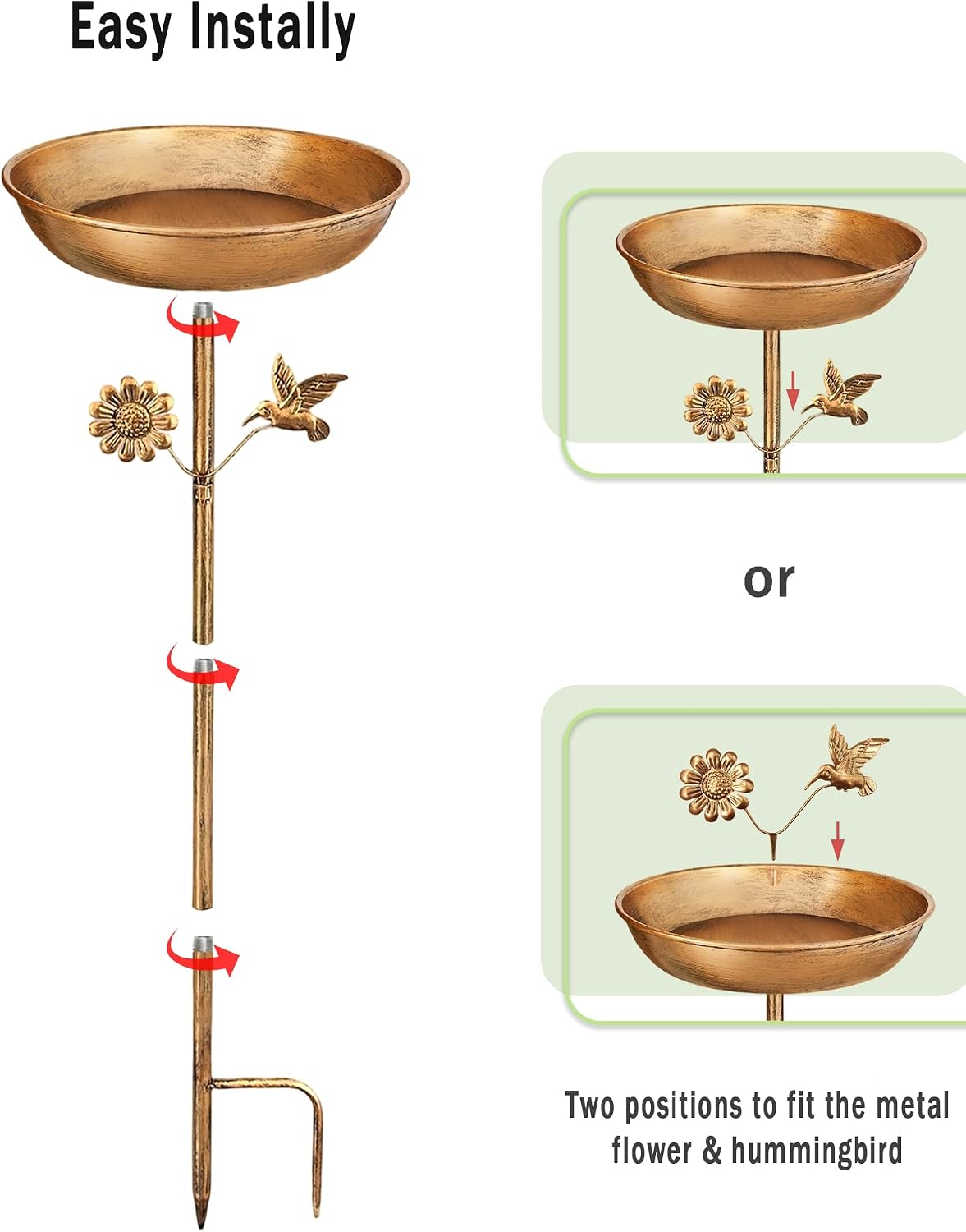 Freestanding Bird Bath with Metal Stake - 11” Antique Bronze Metal Birdbath Bowl & Feeder for Outdoor Garden Yard Decor