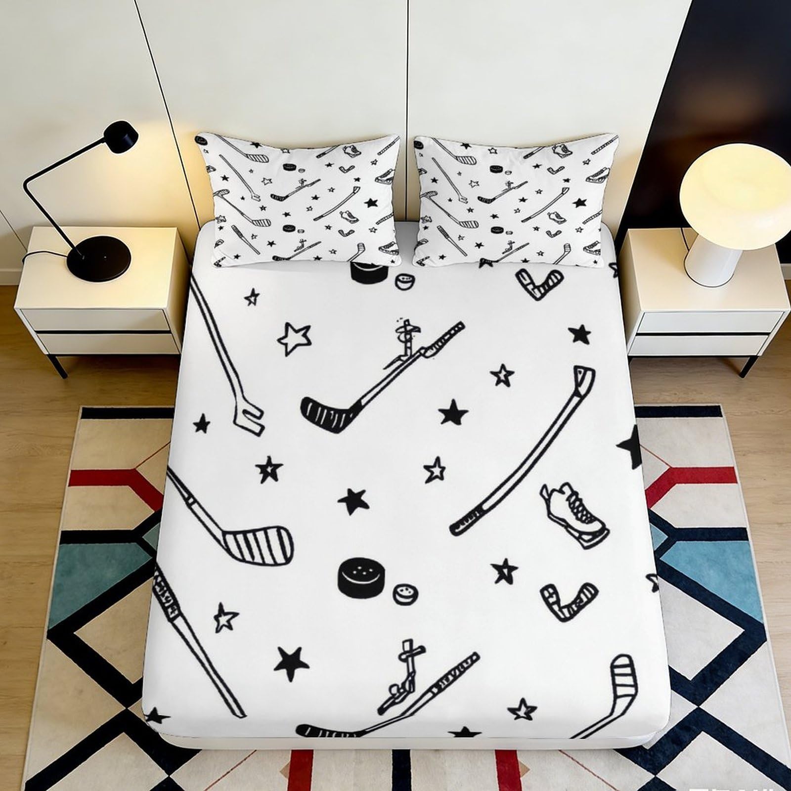3D Printed Hockey Stick Fitted Sheet Microfiber Soft Breathable Puck Bed Cover for Bedroom Dorm Easy Care Decor 90x200x25cm