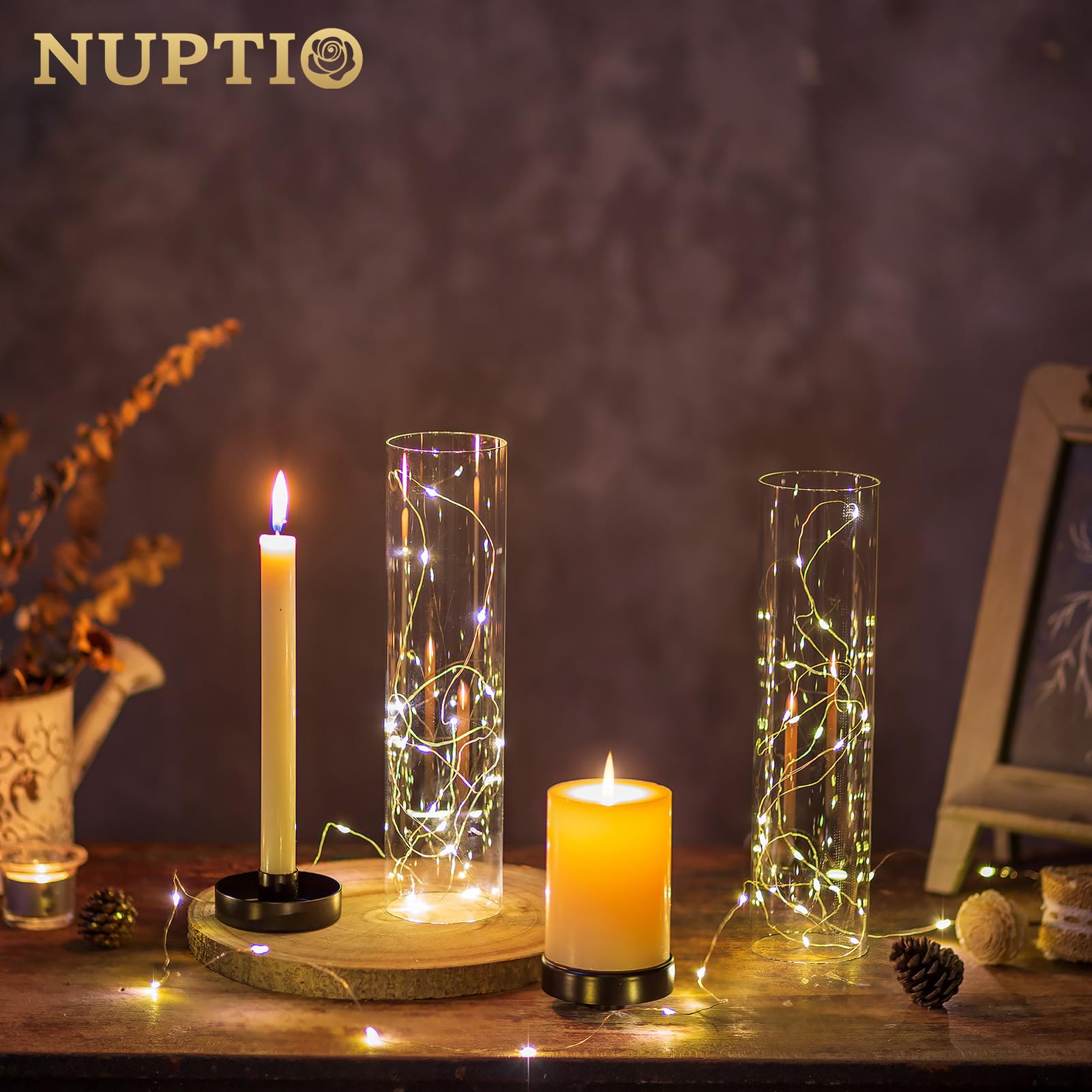 NUPTIO Uragano Portacandele Nero: 2 Pezzi di Vetro Metallo Portacandele per Candela Cero Bastone 30cm Alto Chiaro Aperto Finito Portacandele Cilindro Ombra Festa Matrimonio Centrotavola Per Tavoli